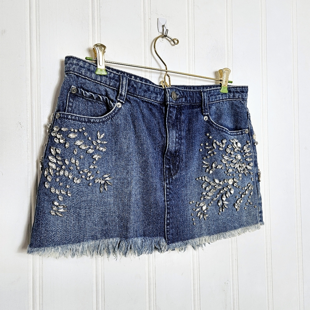 Free People Skirt Size 4 Shine Bright Shine Far Rhinestone Denim Mini Y2K Blue